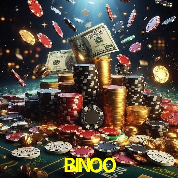 Escena dinámica inspirada en casino con iluminación BINOO, cartas, fichas e íconos de juegos digitales en un espacio moderno de juegos.