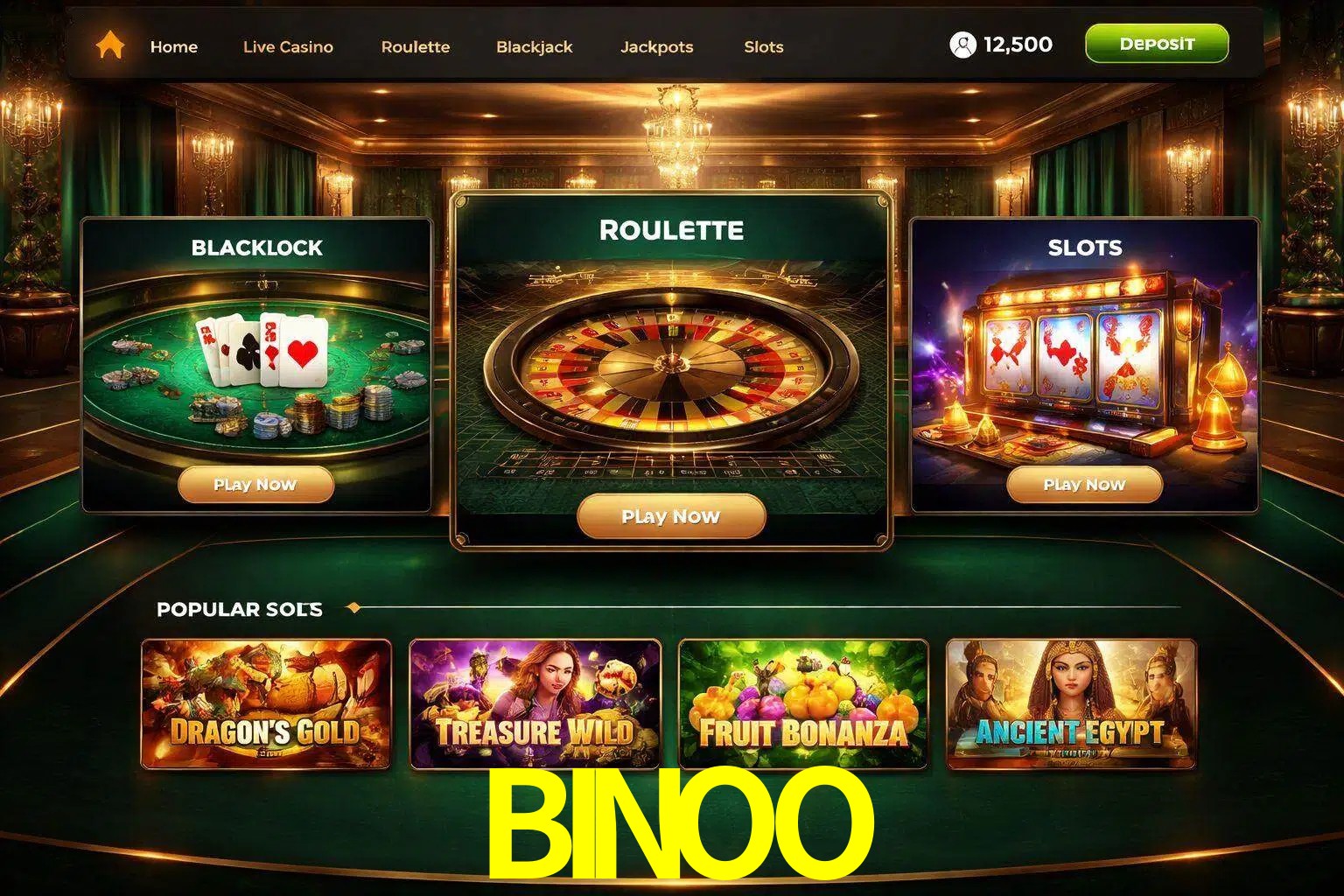 Vista de la plataforma BINOO Casino mostrando categorías organizadas de juegos en línea