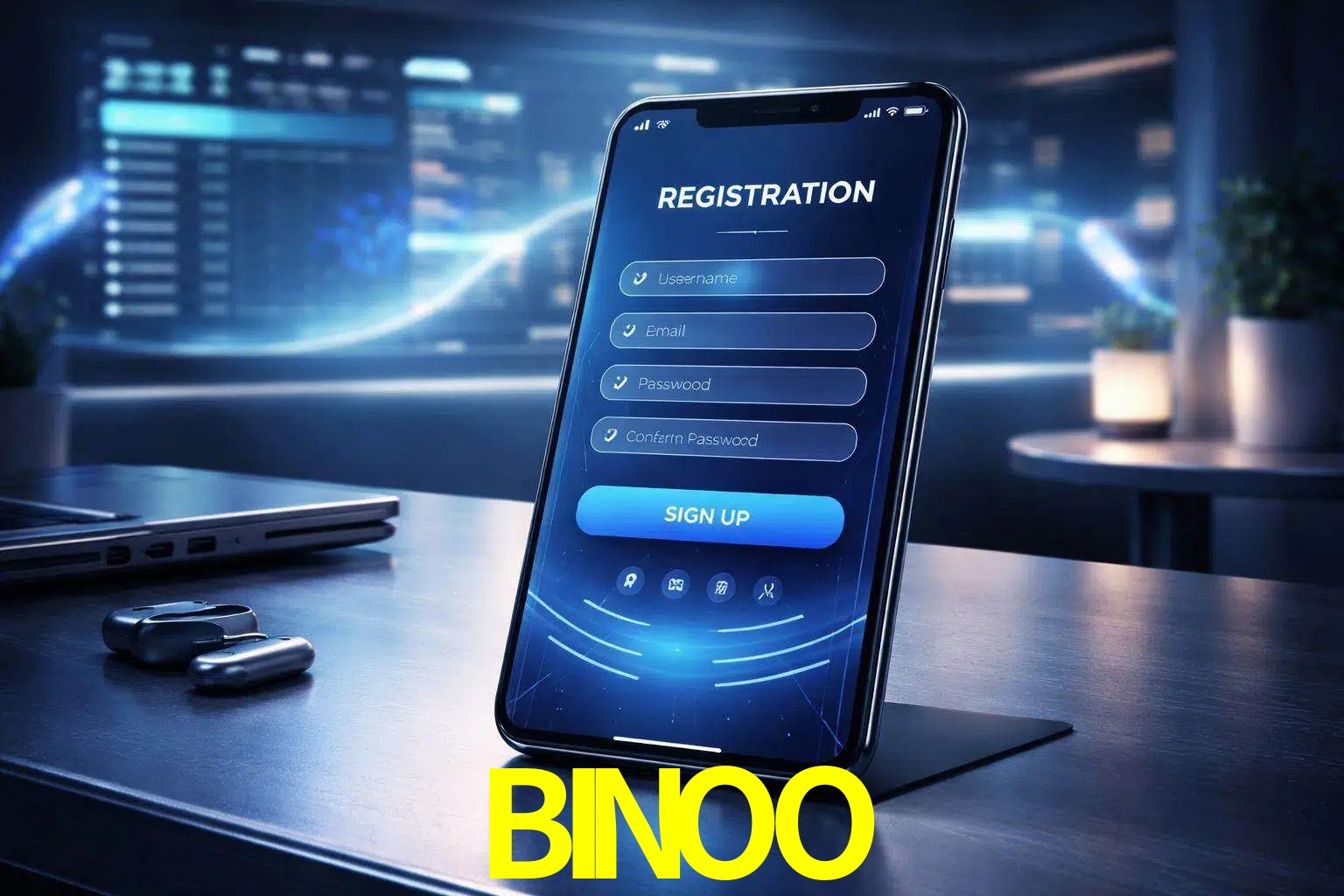 Una interfaz moderna de registro móvil para BINOO mostrada en un smartphone con un panel de apuestas elegante.
